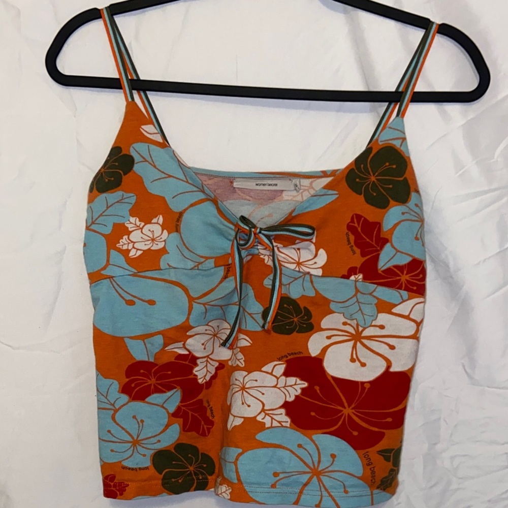 Vibrant Floral Camisole W/ Front Tie Detail- Orange, Blue